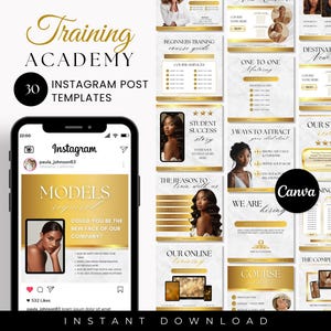 Puede incluir: Un conjunto de 30 plantillas de publicaciones de Instagram para una academia de formación. Las plantillas presentan un esquema de color dorado y blanco con acentos de mármol. El texto en las plantillas incluye frases como "Academia de formación", "Historia de éxito de los estudiantes", "Nuestra formación en línea" y "La formación completa".