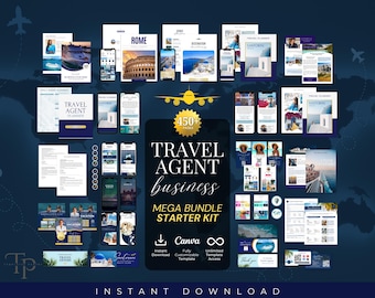 May include: A digital marketing kit for travel agents, featuring a blue and white color scheme with images of travel destinations. The kit includes over 450 pages of content, including templates, social media graphics, and marketing materials. The kit is designed to help travel agents grow their business and attract new clients.