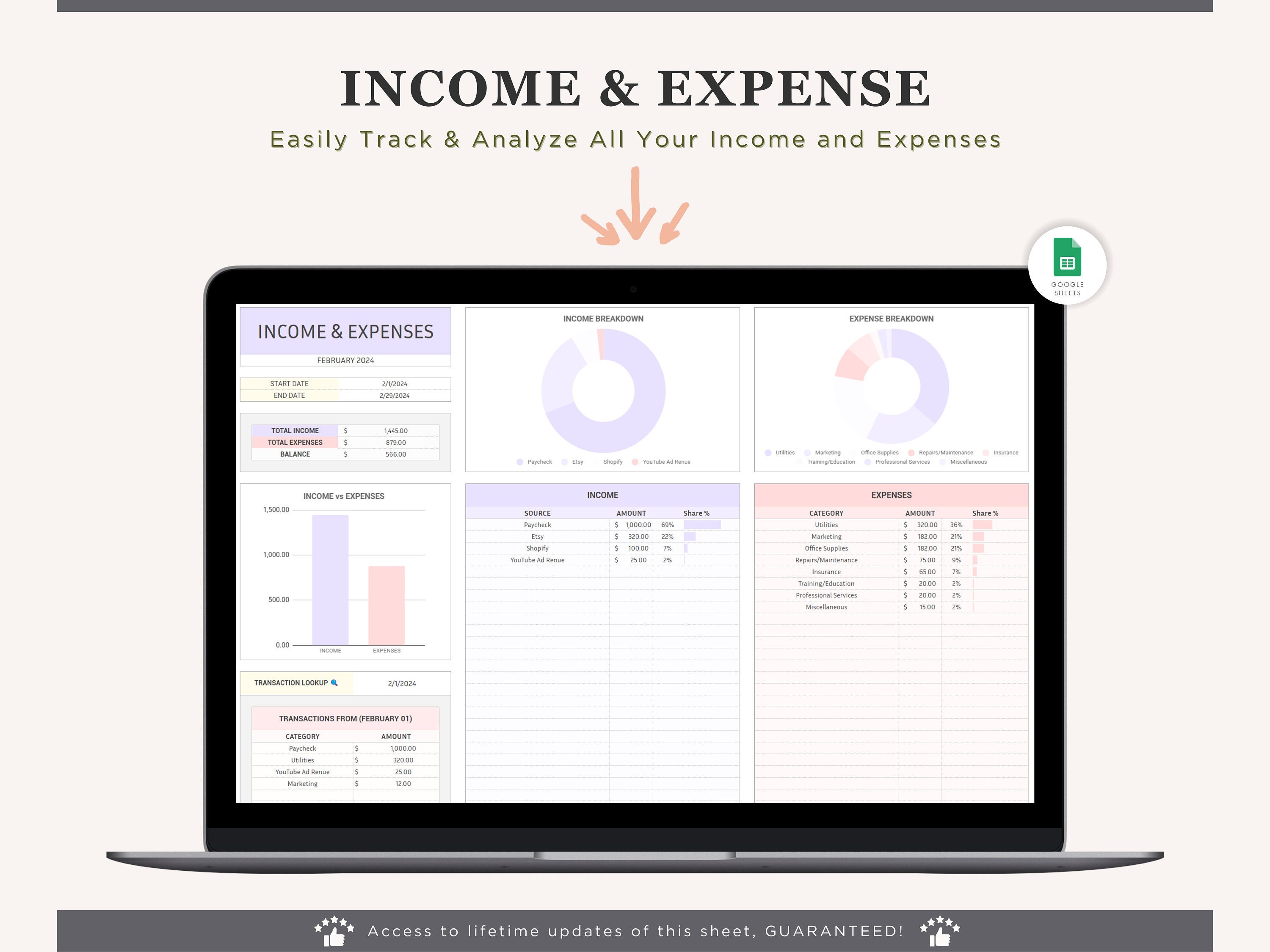 Income and Expense Tracker Spreadsheet for Google Sheets, Monthly ...