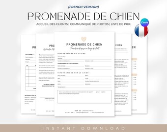 Plantilla de contrato/acuerdo para servicio de paseo de perros (versión en francés), formulario de admisión de nuevos clientes para un negocio de paseo de perros, editable e imprimible, cuidado de mascotas