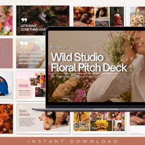 Puede incluir: Una presentación digital para un estudio de fotografía especializado en sesiones de fotos con temática floral. La presentación presenta una variedad de imágenes con modelos y flores, junto con texto que destaca el enfoque creativo del estudio y sus servicios de fotografía de campañas de marca.