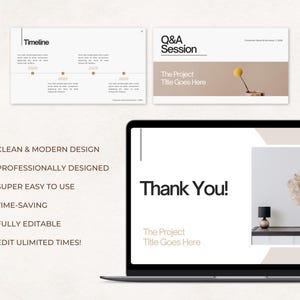 May include: A laptop screen displaying a presentation slide with the text "Thank You!" and "The Project Title Goes Here". The slide also features a beige background with a vase of dried flowers and a lamp on a wooden table.