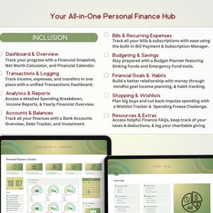 May include: A screenshot of a website for a personal finance app. The website features a green and white color scheme and lists the features of the app, including budgeting, savings, and bill tracking. The website also includes a screenshot of the app's dashboard, which shows a calendar, a net worth calculator, and a spending breakdown.