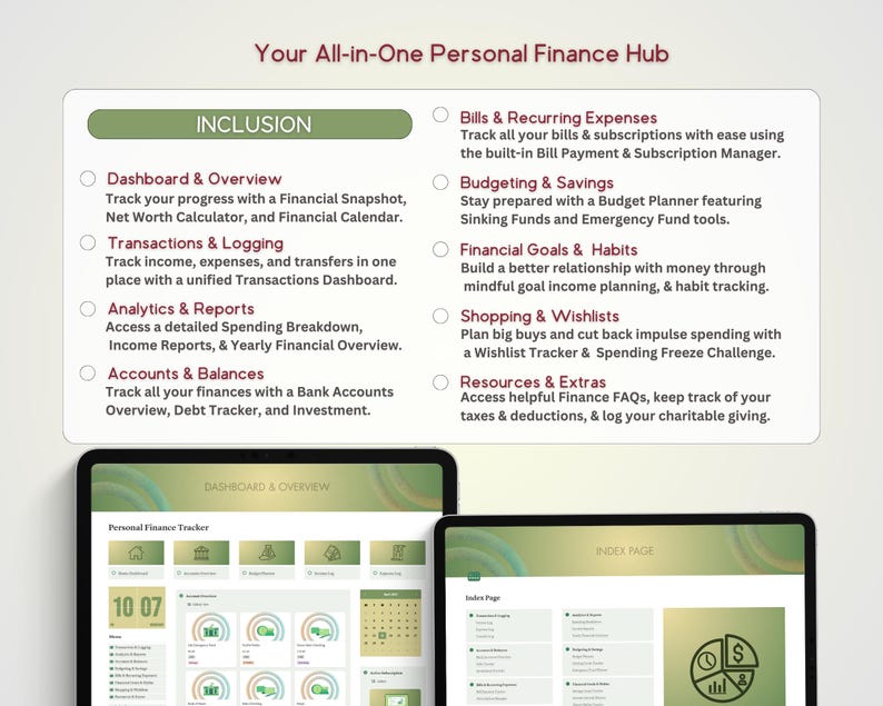 May include: A screenshot of a website for a personal finance app. The website features a green and white color scheme and lists the features of the app, including budgeting, savings, and bill tracking. The website also includes a screenshot of the app's dashboard, which shows a calendar, a net worth calculator, and a spending breakdown.