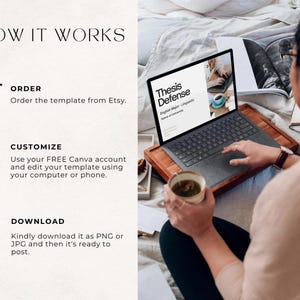May include: A woman is working on a laptop computer. The laptop screen shows a presentation titled "Thesis Defense". The woman is sitting on a bed with a cup of tea in her hand.