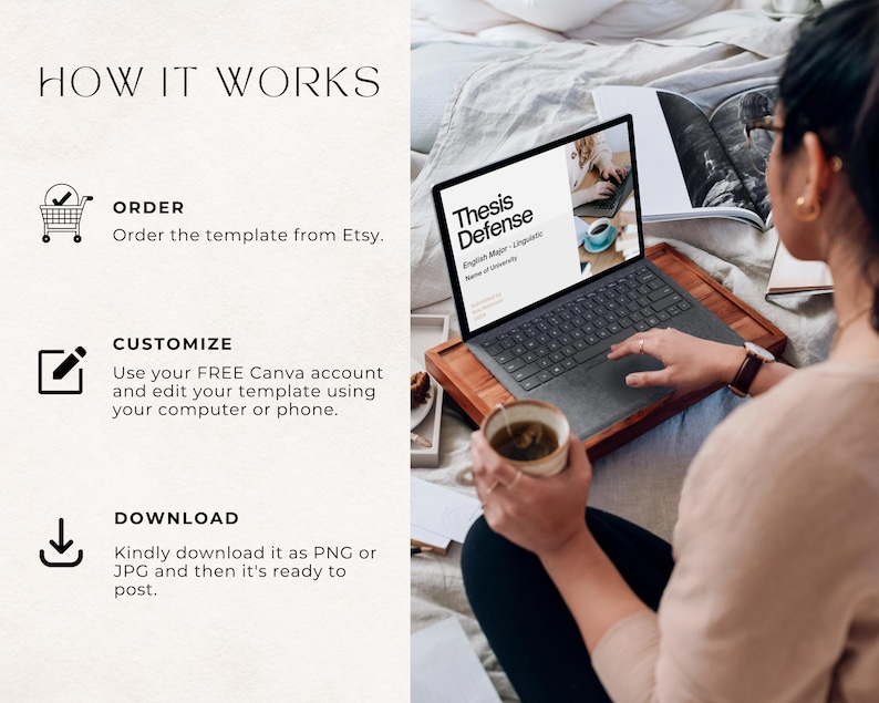 May include: A woman is working on a laptop computer. The laptop screen shows a presentation titled "Thesis Defense". The woman is sitting on a bed with a cup of tea in her hand.