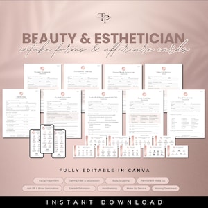 Peut inclure: Téléchargement numérique de formulaires d'admission et de cartes de soins après traitement imprimables pour les entreprises de beauté et d'esthétique. Les formulaires sont entièrement modifiables dans Canva et comprennent des services tels que les soins du visage, le rehaussement des cils, les injections de comblement, les extensions de cils, le remodelage corporel, le maquillage permanent, la coiffure, le maquillage et l'épilation.