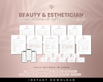 May include: A digital download of printable intake forms and aftercare cards for beauty and esthetician businesses. The forms are fully editable in Canva and include services such as facial treatment, lash lift, derma filler, eyelash extensions, body sculpting, permanent makeup, hairdressing, makeup service, and waxing treatment.
