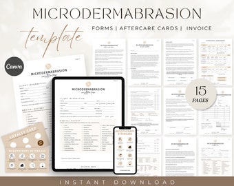 May include: A digital download template for microdermabrasion services. The template includes 15 pages of forms, aftercare cards, and an invoice. The template is designed in a minimalist style with a neutral colour palette.