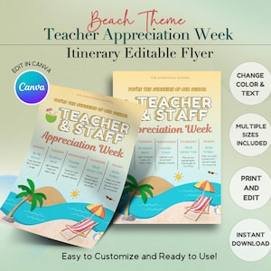 Beach-themed Teacher & Staff Appreciation Week Flyer, Teacher Appreciation Week School Celebration, School Itinerary, Teacher, Staff, Canva