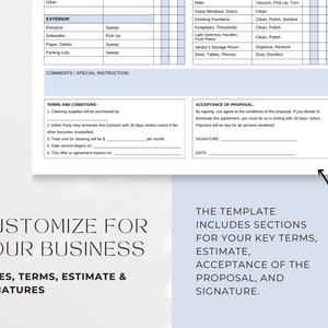 May include: A cleaning service proposal template with sections for terms and conditions, estimate, acceptance of the proposal, and signature. The template is customizable for your business.