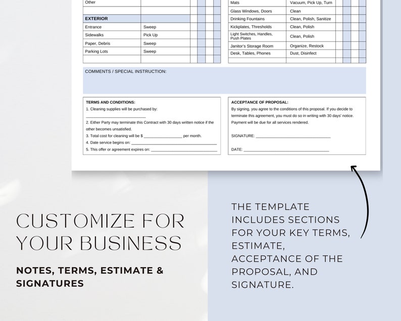 May include: A cleaning service proposal template with sections for terms and conditions, estimate, acceptance of the proposal, and signature. The template is customizable for your business.