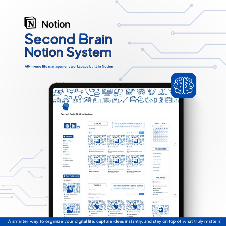 May include: A digital tablet displays the Notion Second Brain Notion System interface. The screen shows a blue and white design with icons and text. The top of the image features the Notion logo and the words "Second Brain Notion System."