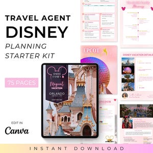 May include: A digital Disney planning starter kit with 75 pages, editable in Canva. The cover shows a castle image and the text "Magical Vacation Orlando". The words "Travel Agent Disney Planning Starter Kit" are at the top of the image.