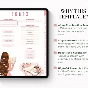 Puede incluir: Plantilla de diario de lectura digital en una tableta. La interfaz presenta un &iacute;ndice, rastreadores de libros y secciones de biblioteca. El texto "WHY THIS TEMPLATE?" es visible, junto con descripciones de las caracter&iacute;sticas del diario.