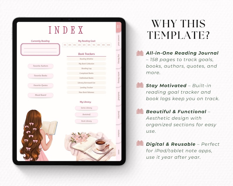 Puede incluir: Plantilla de diario de lectura digital en una tableta. La interfaz presenta un &iacute;ndice, rastreadores de libros y secciones de biblioteca. El texto "WHY THIS TEMPLATE?" es visible, junto con descripciones de las caracter&iacute;sticas del diario.