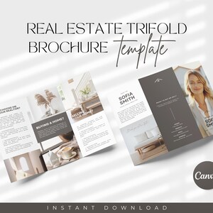 Puede incluir: Una plantilla de folleto tr&iacute;ptico de bienes ra&iacute;ces con el texto "Real Estate Trifold Brochure Template". El folleto presenta im&aacute;genes de un interior de casa y un agente inmobiliario. El folleto est&aacute; dise&ntilde;ado con una est&eacute;tica moderna.