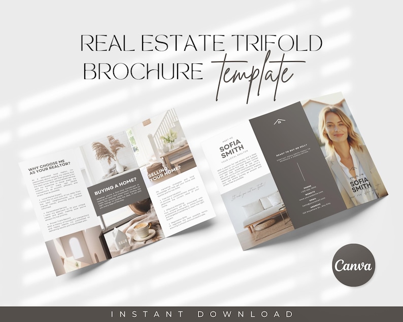 Puede incluir: Una plantilla de folleto tr&iacute;ptico de bienes ra&iacute;ces con el texto "Real Estate Trifold Brochure Template". El folleto presenta im&aacute;genes de un interior de casa y un agente inmobiliario. El folleto est&aacute; dise&ntilde;ado con una est&eacute;tica moderna.
