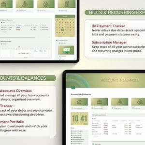 May include: A screenshot of a computer screen showing a financial management app. The app has a green and white color scheme and features sections for accounts and balances, bills and recurring expenses, and investment portfolio. The app also includes a calendar and a debt tracker.