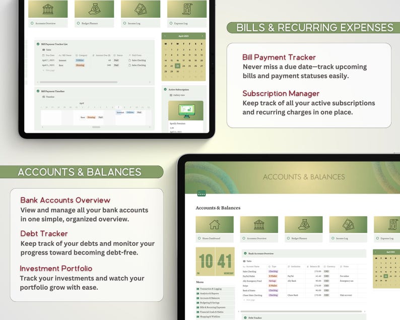 May include: A screenshot of a computer screen showing a financial management app. The app has a green and white color scheme and features sections for accounts and balances, bills and recurring expenses, and investment portfolio. The app also includes a calendar and a debt tracker.