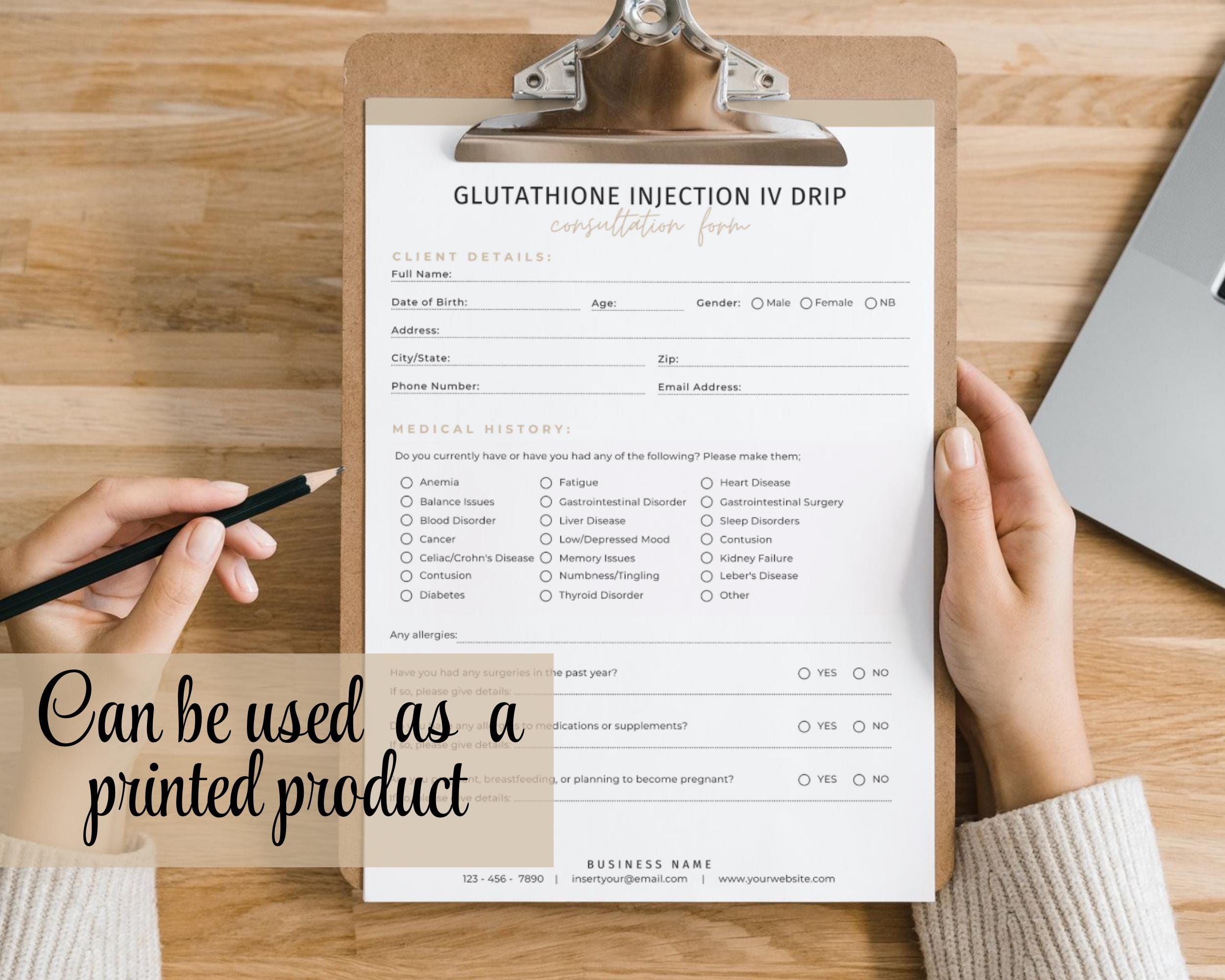 Glutathione Injection IV Drip Intake Form Template, Glutathione Injections  Consent Form, Glutathione Shots Informed Consent, Canva Template