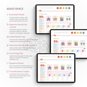 Pu&ograve; includere: Pianificatore digitale per ADHD visualizzato su pi&ugrave; tablet. Gli schermi mostrano vari layout, tra cui "Time Blindness Tracker", "Dopamine Boost" e "Hyperfixation Log". Il design incorpora icone e testo colorati, con il titolo "ADHD SPACE" in alto.