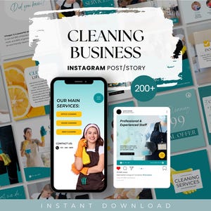 May include: A collage of images promoting cleaning services for a business. The images feature cleaning supplies, cleaning tips, and a cleaning professional. The text on the images includes "Cleaning Business", "Our Main Services", "Professional & Experienced Staff", "Cleaning Tips", and "Cleaning Services".