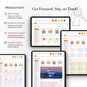 Pu&ograve; includere: Modelli digitali di pianificatori di produttivit&agrave; visualizzati su tablet. Gli schermi mostrano tracker di progetti, accademici e Pomodoro, con icone e testo colorati. La frase "Get Focused, Stay on Track!" &egrave; in alto.