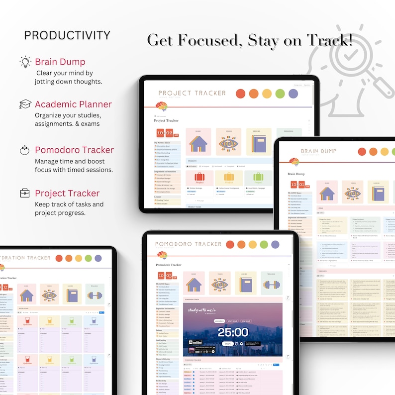 Pu&ograve; includere: Modelli digitali di pianificatori di produttivit&agrave; visualizzati su tablet. Gli schermi mostrano tracker di progetti, accademici e Pomodoro, con icone e testo colorati. La frase "Get Focused, Stay on Track!" &egrave; in alto.