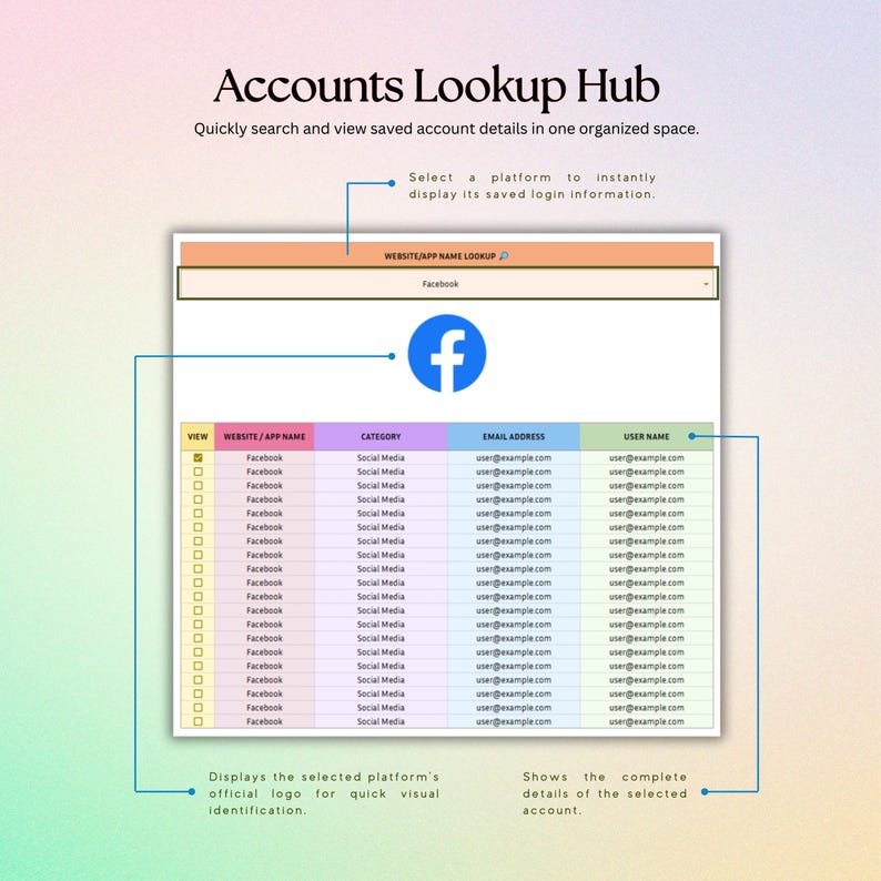 Accounts & Password Tracker, Google Sheets Microsoft Excel Spreadsheet ...
