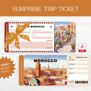 Billet numérique de voyage surprise au MAROC, carte d'embarquement imprimable pour le MAROC, billet de vacances imprimable, bon cadeau vacances, cadeau modifiable