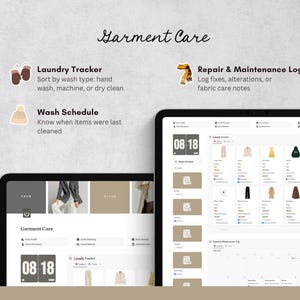 May include: Two tablets showing a garment care app with a laundry tracker, wash schedule, and repair log. The app is labelled "Garment Care" and includes icons of mittens, a hat, and a scarf.