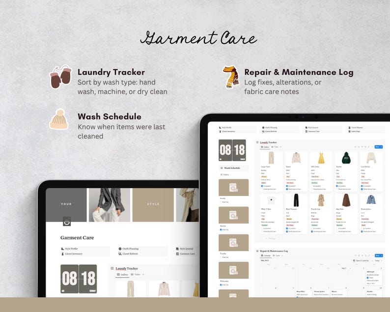May include: Two tablets showing a garment care app with a laundry tracker, wash schedule, and repair log. The app is labelled "Garment Care" and includes icons of mittens, a hat, and a scarf.