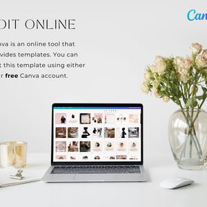 May include: A laptop displaying a Canva template, with text "EDIT ONLINE" and "Canva" in the upper corners. A vase of roses, a candle, and a computer mouse are on a white desk.