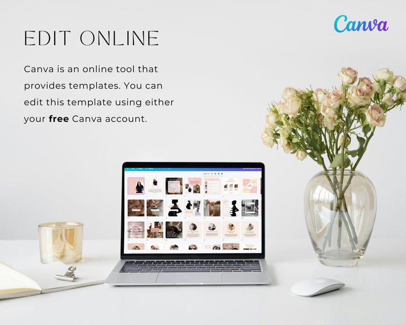 May include: A laptop displaying a Canva template, with text "EDIT ONLINE" and "Canva" in the upper corners. A vase of roses, a candle, and a computer mouse are on a white desk.