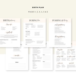 May include: A six-page birth plan document set featuring black text on white paper. The pages include sections titled Birth Preferences, During Labor, Pushing & Delivery, and Notes, with checkboxes and lines for recording personal information and medical choices.