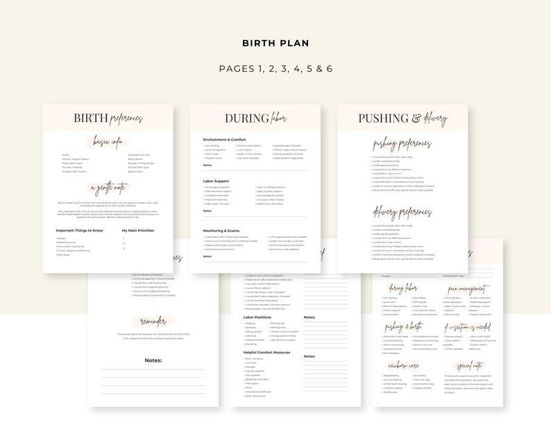 May include: A six-page birth plan document set featuring black text on white paper. The pages include sections titled Birth Preferences, During Labor, Pushing & Delivery, and Notes, with checkboxes and lines for recording personal information and medical choices.