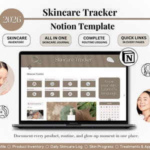 Puede incluir: Una pantalla de portátil muestra una plantilla de Notion de seguimiento del cuidado de la piel. La imagen incluye texto como "Skincare Tracker" y "Documenta cada producto, rutina y momento de brillo en un solo lugar".
