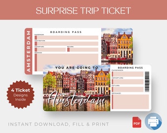 Billete sorpresa digital de Ámsterdam, tarjeta de embarque imprimible de Holanda, billete de vacaciones imprimible, vale de regalo de vacaciones, regalo editable