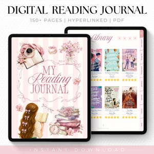 Digital läsdagbok, hyperlänkad bokspårare, estetisk e-bokslogg, digital planerare för iPad-surfplatta GoodNotes, Notability, läsmål