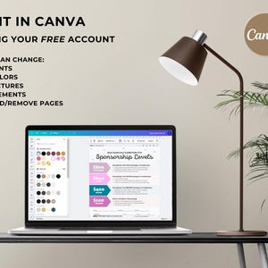 May include: A laptop screen displaying a Canva design template for sponsorship levels. The template features a pink and teal color scheme and includes different sponsorship tiers with corresponding dollar amounts. The text "Sponsorship Levels" is displayed at the top of the template.