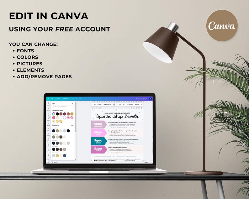 May include: A laptop screen displaying a Canva design template for sponsorship levels. The template features a pink and teal color scheme and includes different sponsorship tiers with corresponding dollar amounts. The text "Sponsorship Levels" is displayed at the top of the template.