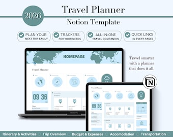 Travel Notion Planner, Notion Template Travel, Notion Dashboard, Travel Planner, Travel Journal Itinerary, Vacation, Holiday, Notion