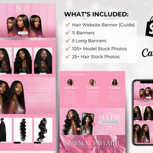 May include: Pink and white website design template for hair extensions, featuring images of women with various hairstyles. Includes banners, stock photos, and a guide. The text includes "BEST", "OUR COLLECTIONS", and "SLAYNOW.PAYLATER".