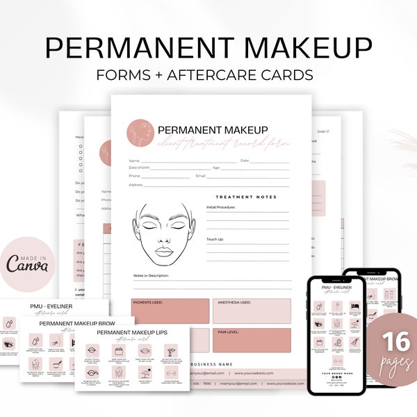Permanent Makeup Forms | Editable PMU Consent Form Template | Printable Client Intake Forms | PMU Aftercare Cards | Beauty Salon Forms