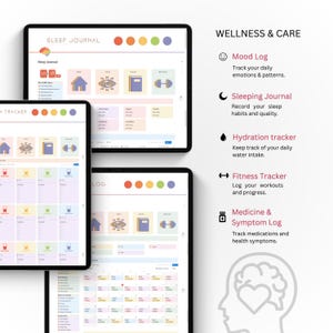 Pu&ograve; includere: Diario digitale del benessere visualizzato su tablet. &Egrave; visibile il "Sleep Journal", insieme ai tracker dell'umore, del sonno, dell'idratazione, del fitness e dei farmaci. Ogni tracker ha un design minimalista e colorato con icone e testo. Viene visualizzata anche la frase "Wellness & Care".