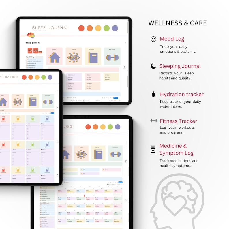 Pu&ograve; includere: Diario digitale del benessere visualizzato su tablet. &Egrave; visibile il "Sleep Journal", insieme ai tracker dell'umore, del sonno, dell'idratazione, del fitness e dei farmaci. Ogni tracker ha un design minimalista e colorato con icone e testo. Viene visualizzata anche la frase "Wellness & Care".