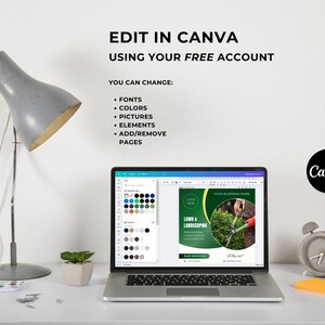 K&ouml;nnte beinhalten: Ein Laptop-Computer, auf dem eine Canva-Designvorlage f&uuml;r ein Rasen- und Landschaftsbauunternehmen angezeigt wird. Die Vorlage hat ein gr&uuml;n-gelbes Farbschema mit dem Text "Lawn & Landscaping". Der Laptop steht auf einem wei&szlig;en Schreibtisch mit einer Lampe, einer Topfpflanze und einem Notizblock.
