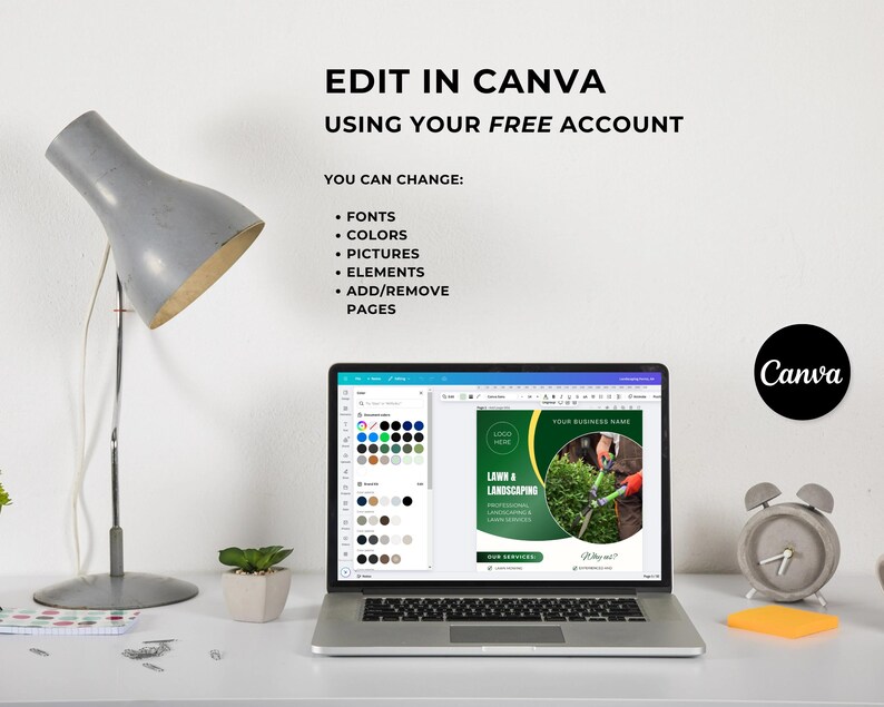 K&ouml;nnte beinhalten: Ein Laptop-Computer, auf dem eine Canva-Designvorlage f&uuml;r ein Rasen- und Landschaftsbauunternehmen angezeigt wird. Die Vorlage hat ein gr&uuml;n-gelbes Farbschema mit dem Text "Lawn & Landscaping". Der Laptop steht auf einem wei&szlig;en Schreibtisch mit einer Lampe, einer Topfpflanze und einem Notizblock.