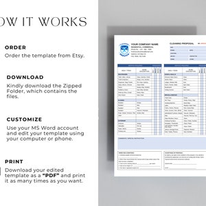May include: A cleaning proposal template in a blue and white color scheme. The template includes sections for services, pricing, and customer information. The text "YOUR COMPANY NAME" is at the top of the template.